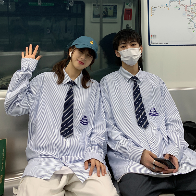 Autumn and winter long sleeve shirt men's striped lovers' shirt Japanese students' uniform
