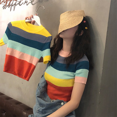 Real shot rainbow short sleeve T-shirt bottom coat showing thin ice silk design
