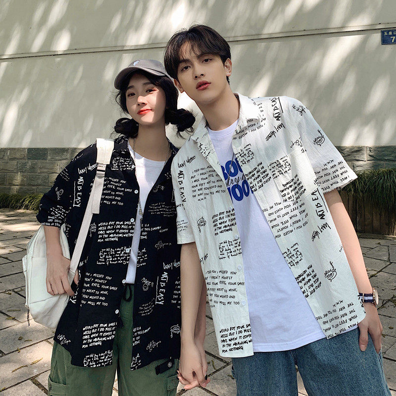 Real shooting of pure cotton summer tide Brand Hong Kong style short sleeve couple shirt Japanese shirt for boys and girls
