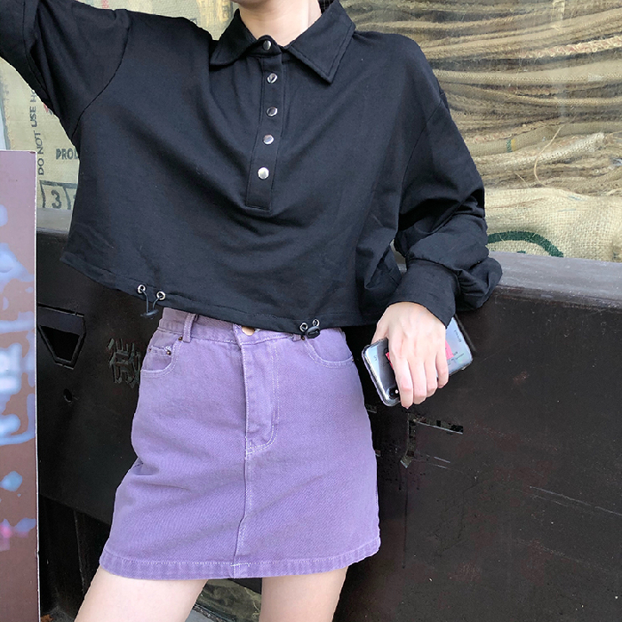 Real shot new Korean versatile loose polo collar long sleeve short drawstring navel sweater