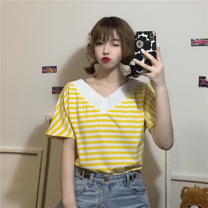 Real Korean t-shirt female collar yellow short sleeve stripe student loose top