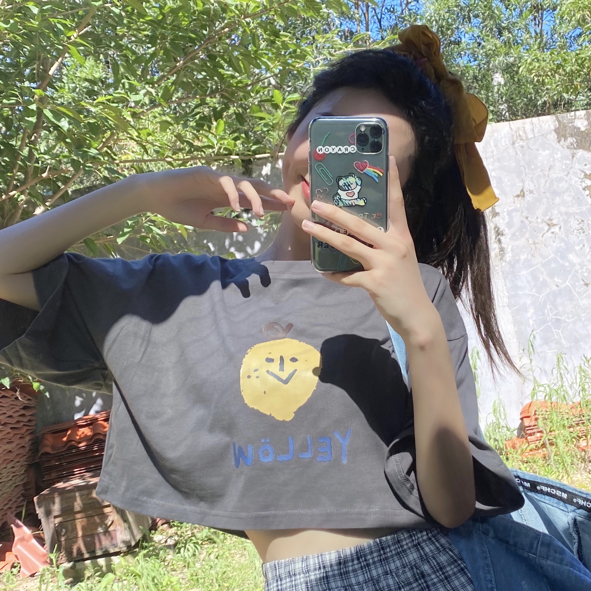 Real shot pure cotton t-shirt female thread collar versatile fun Korean top