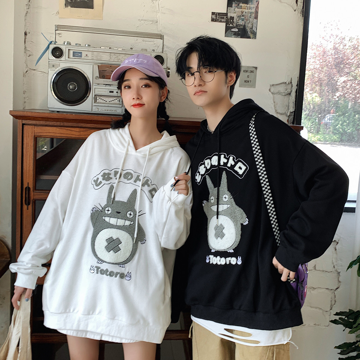 Japanese lovers' hooded long sleeve thin sweater loose student coat