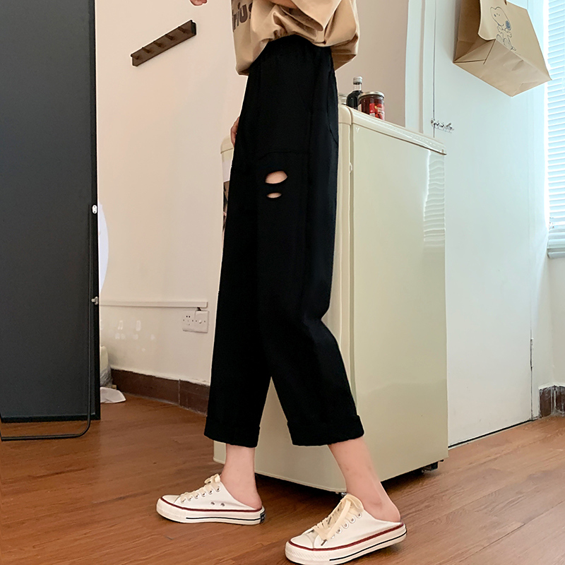 Real shot casual pants women's Harem Pants high waist loose solid color holed Leggings sports pants pants