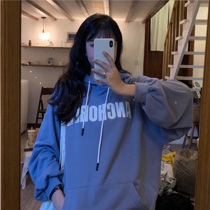 Real shot double cap six color hooded letter embroidered sweater for women