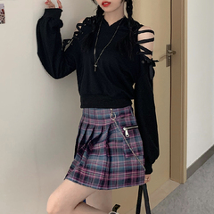 Real shot new short V-neck hoodie with lace up and slim long sleeve top