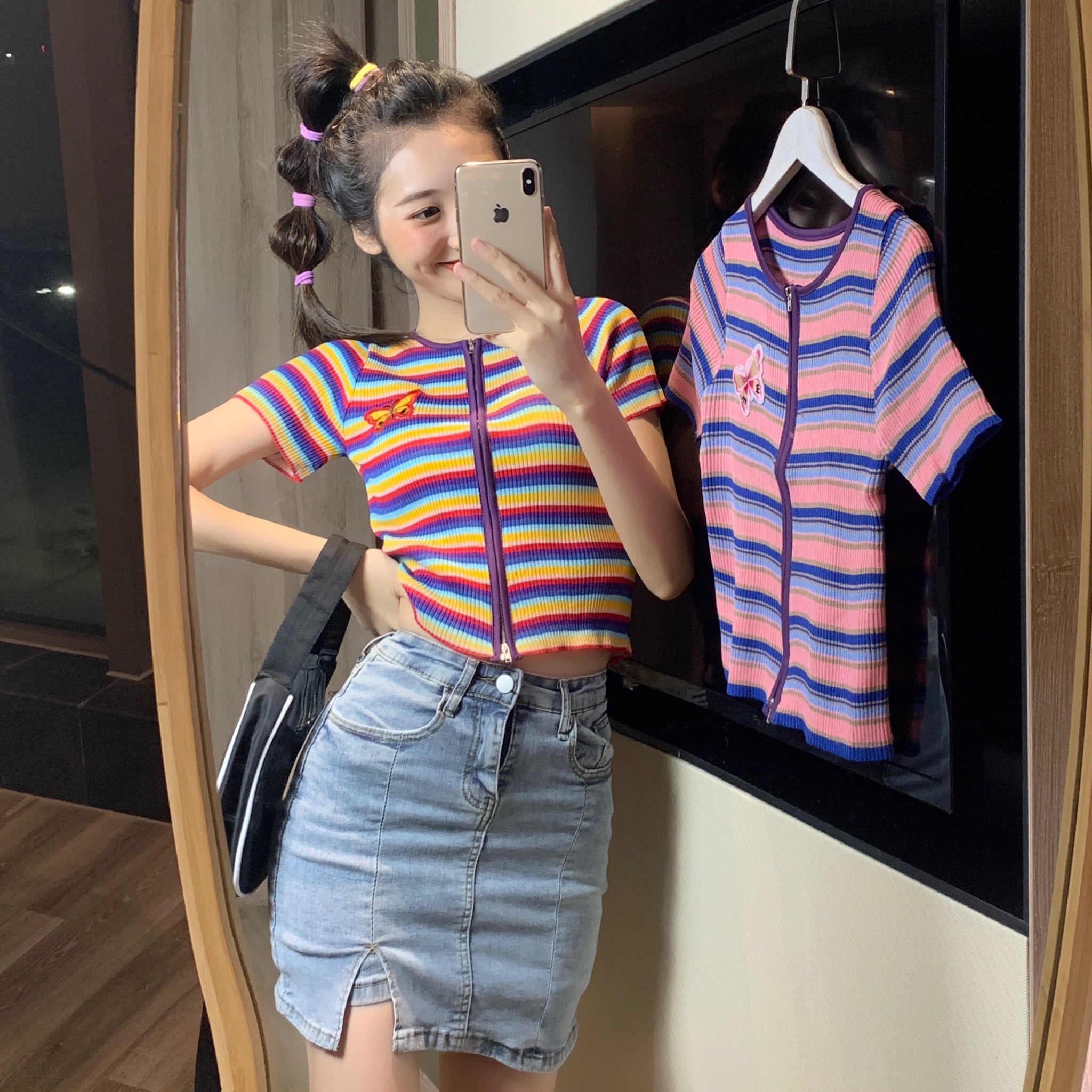 Real shot Korean version versatile zipper rainbow strip T-shirt with net red T-shirt