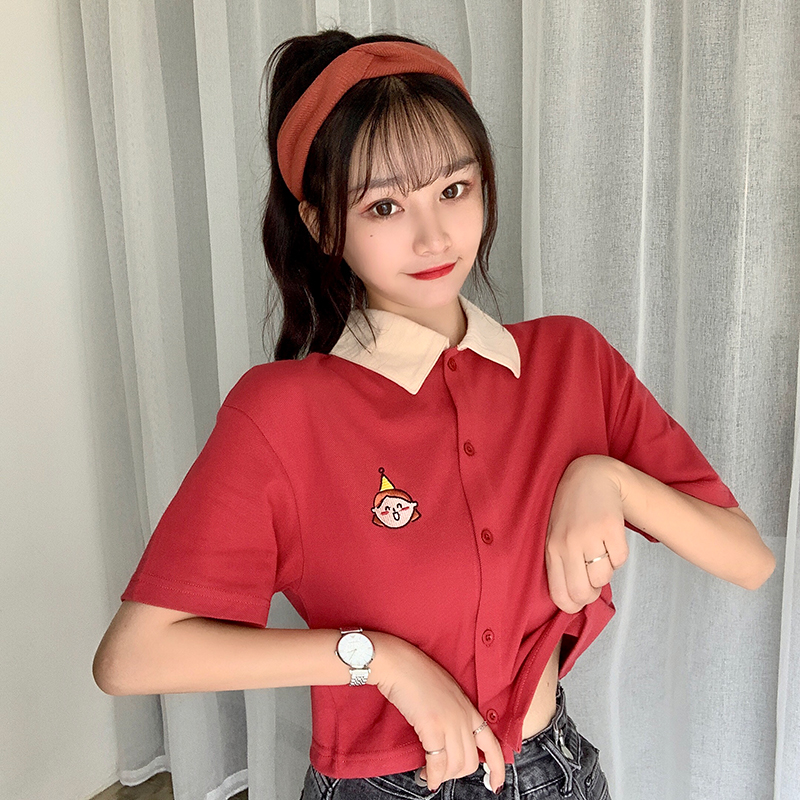 實拍短款衫短袖恤女寬鬆高腰露臍上衣