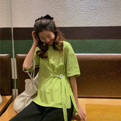 Real shot cotton careful machine design sense minority short sleeve t-shirt female bandage Han Feng