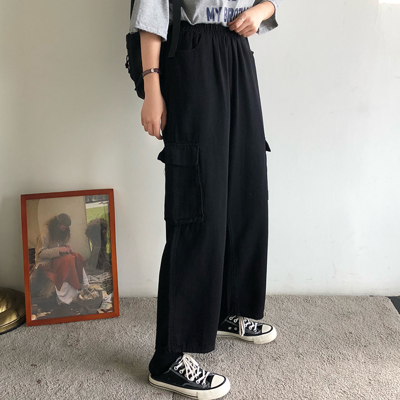 Real shot cotton high waist slim loose wide leg straight overalls