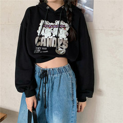 Real shot short sweater spring student hooded high waist navel exposed long sleeve top