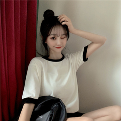 實拍棉夏裝短袖恤女小眾撞色寬鬆學生上衣