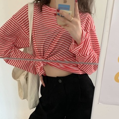 Real shot of new age reducing color matching stripe long sleeve thin Korean loose and thin top