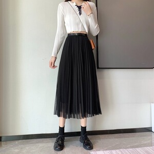 RY1561#网纱半身裙女夏季新款中长款高腰垂感显瘦腰带百褶纱裙