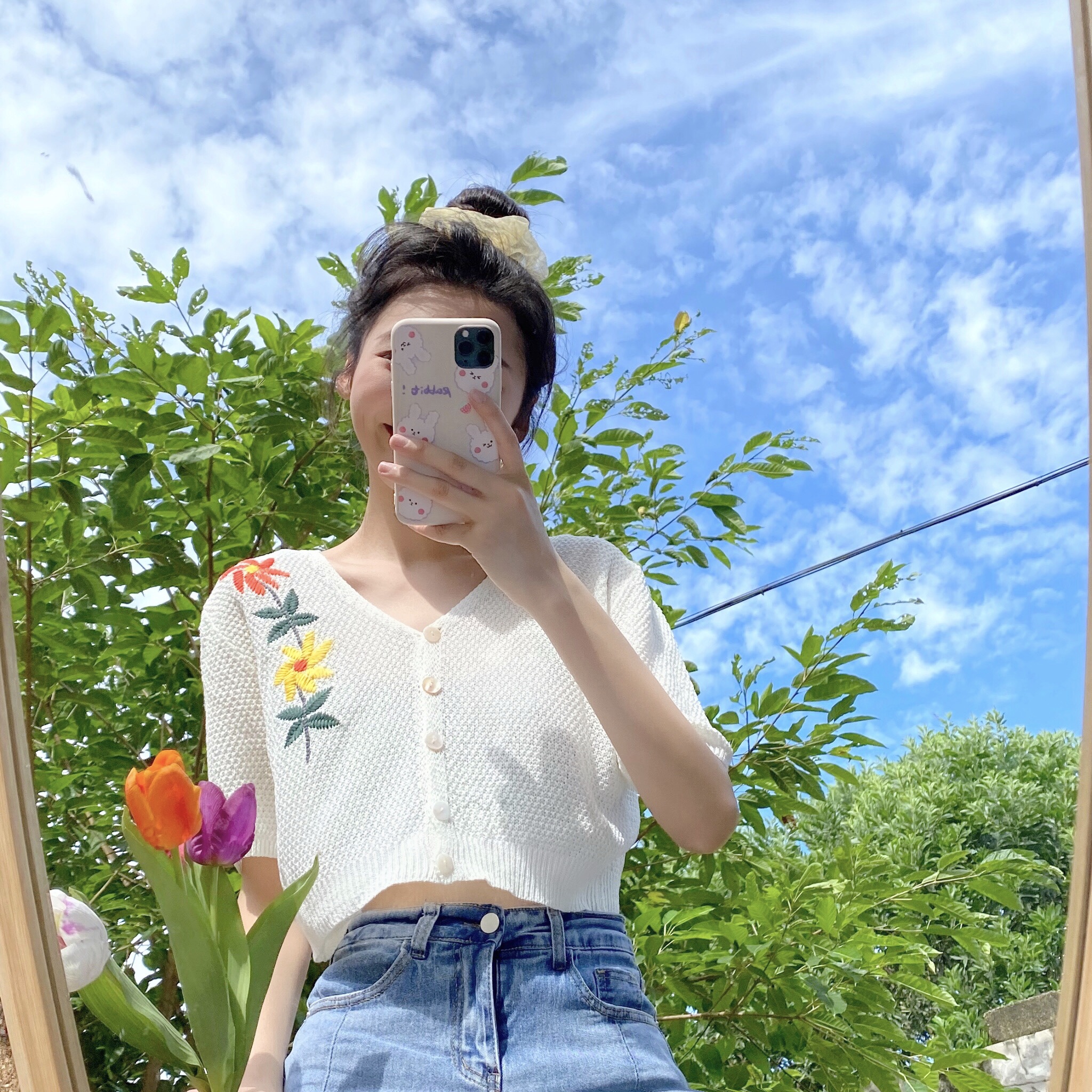 Real shooting Korean version versatile fun design feeling embroidered bellybutton embroidered foreign style short cardigan