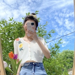 Real shooting Korean version versatile fun design feeling embroidered bellybutton embroidered foreign style short cardigan