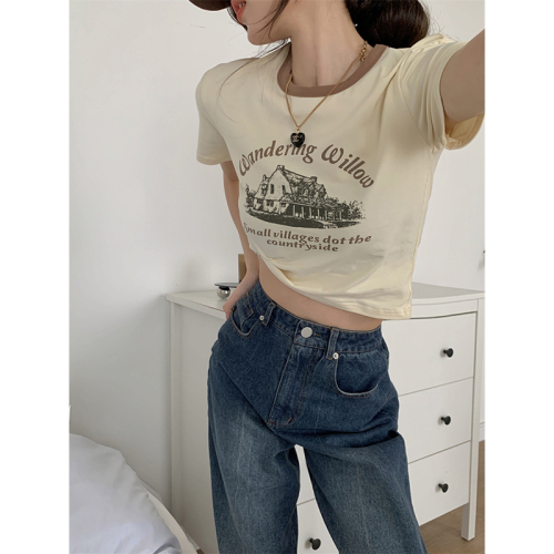 Real price official figure 6535 pull frame cotton American retro minority printed short sleeved T-shirt women's contrast color round neck bottoming shirt