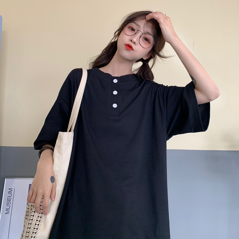 Real shot pull up summer Hong Kong Style loose button half sleeve T-shirt girl's Short Sleeve Top