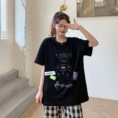 Real shot 2021 new Korean version ins super fire bear print loose medium length short sleeve T-shirt