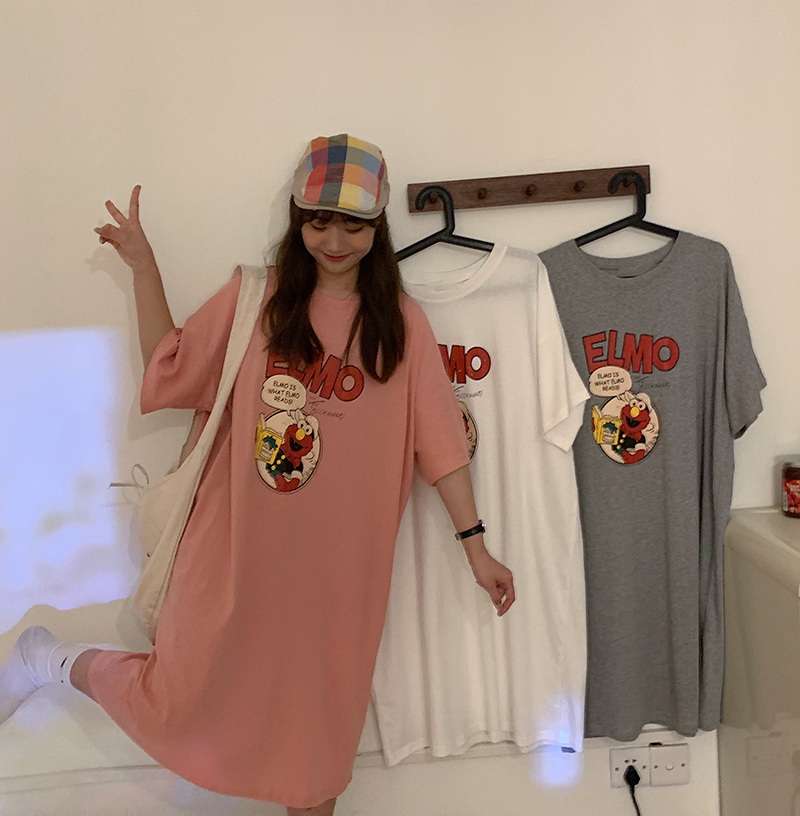 實拍短袖恤女夏新款韓版圓領中長學生上衣大碼女裝