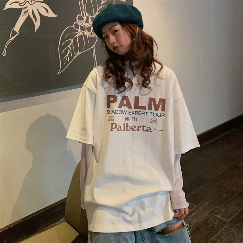 Real shot cotton medium length round neck short sleeve T-shirt for women's summer Korean alphabet printing