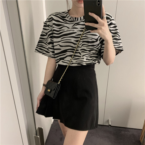 Real price cotton zebra top women's Short Sleeve Black and white stripe Korean loose