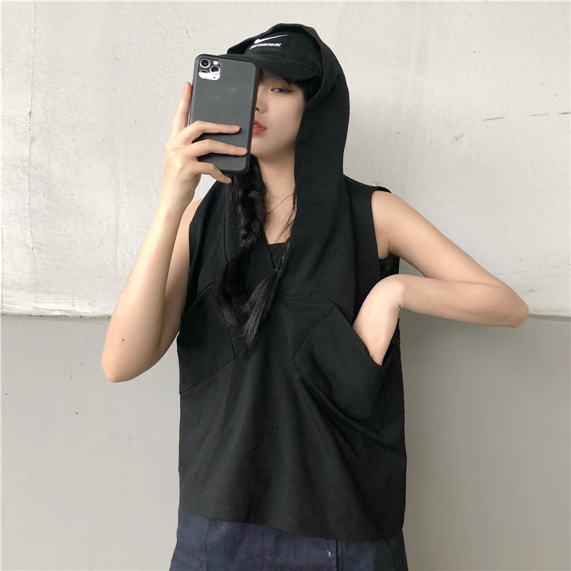 Real shot Cotton Hooded Vest women's pocket Hoodie Camille sleeveless vest top