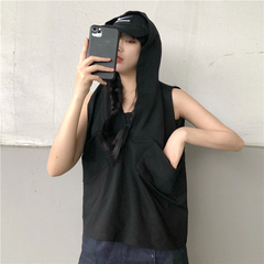 Real shot Cotton Hooded Vest women's pocket Hoodie Camille sleeveless vest top