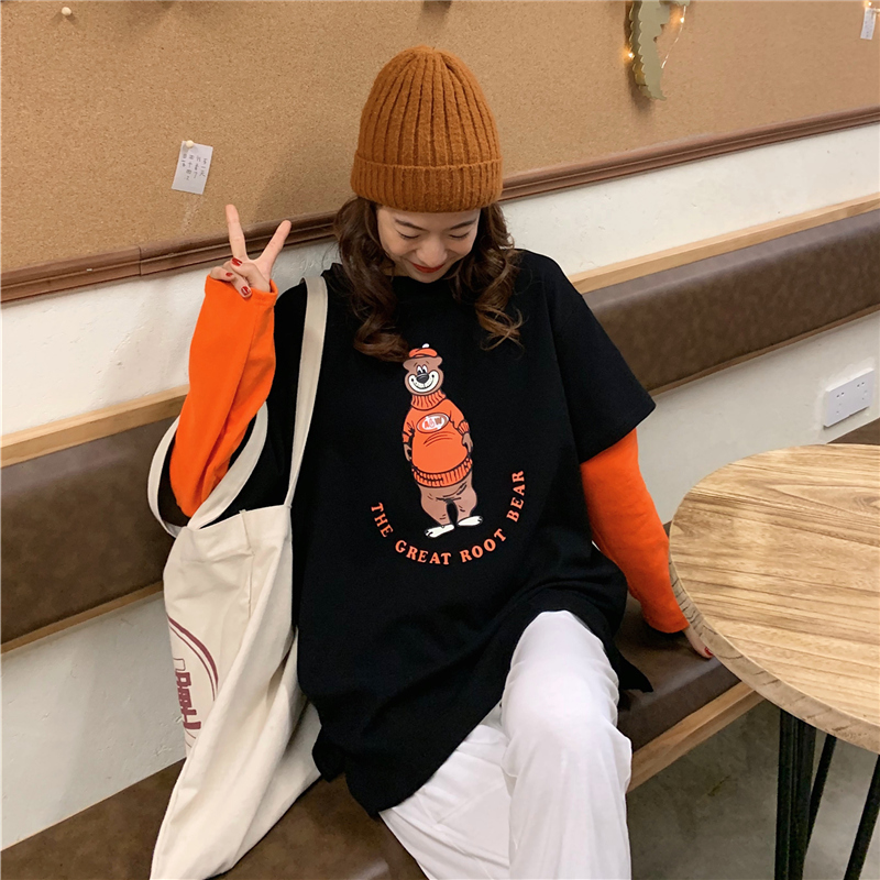 Real shooting cotton spring clothes East Gate long sleeve fake two-piece top cartoon T-shirt women's fashion