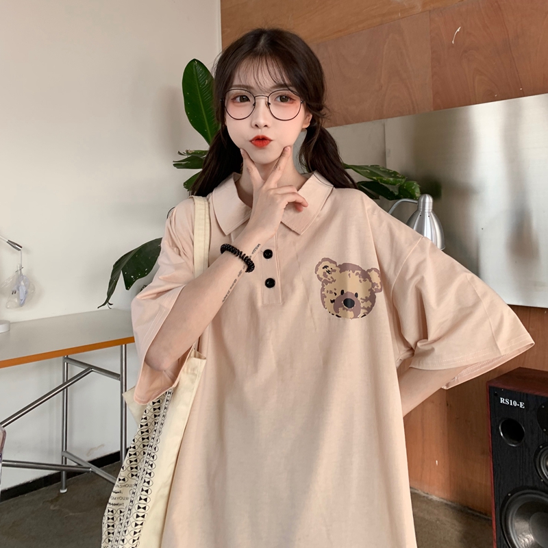 Real shot pull frame Korean student T-shirt loose Lapel bear print short sleeve T-shirt