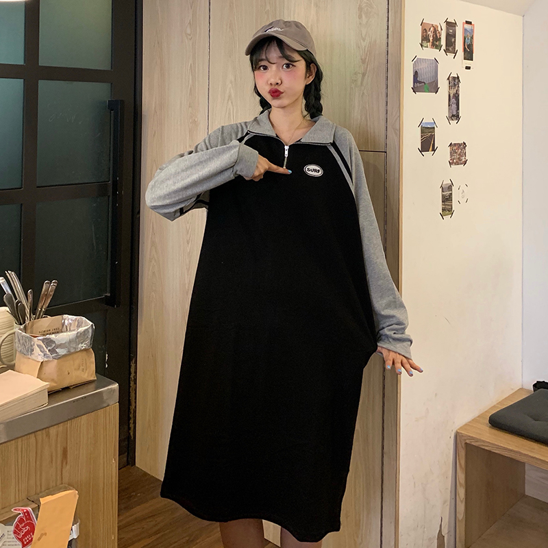 Real Korean version loose over the knee long skirt zipper pocket sweater