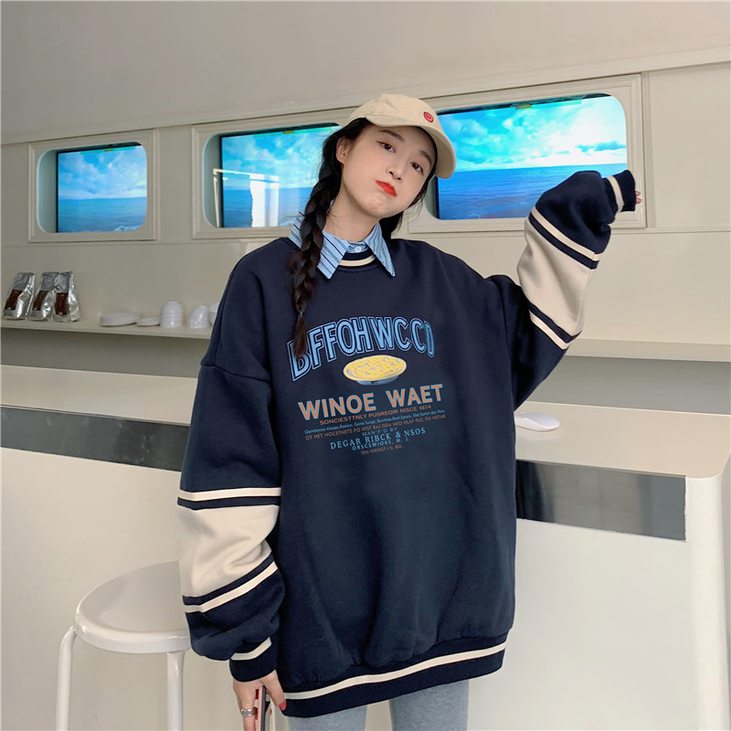 Real shot contrast long sleeve round neck sweater women's loose BF student top