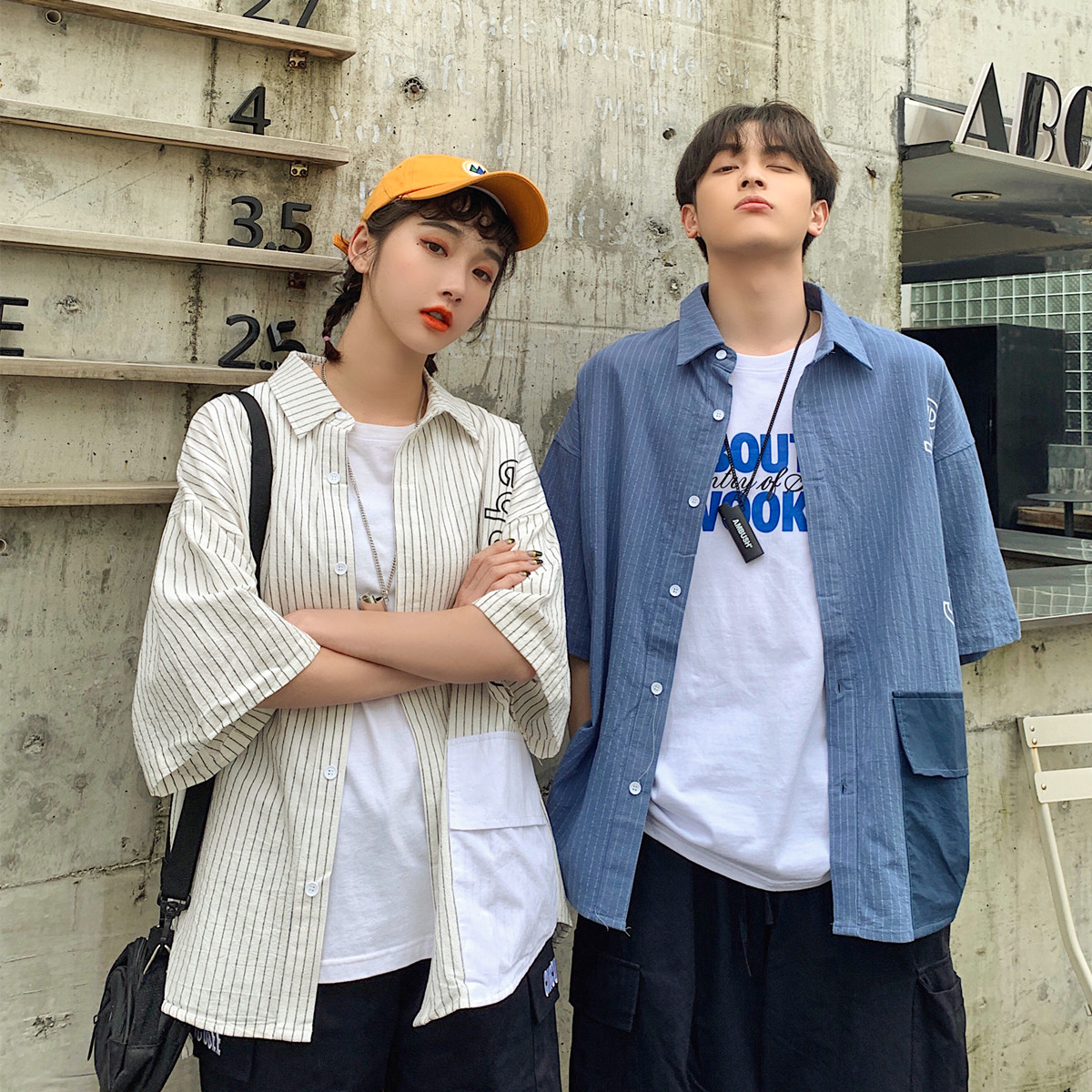 Real photos of spring and summer chic Short Sleeve Striped Shirt for lovers to wear large plate student shirt coat