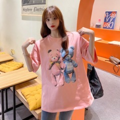 Real photo 2021 super fire bear print Korean student loose medium long short sleeve t-shirt female