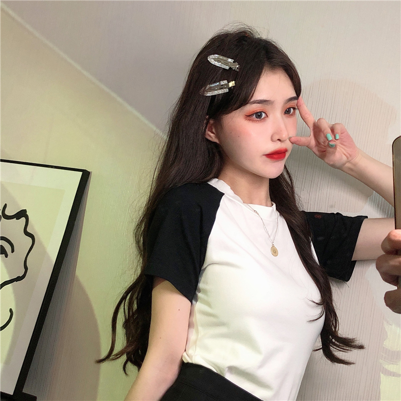 Real shot short sleeve T-shirt women's summer wear color contrast small man with minority foreign style top