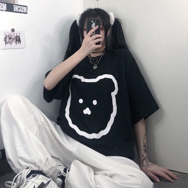 Real shot new loose Harajuku Pullover round neck letter short sleeve t-shirt female student