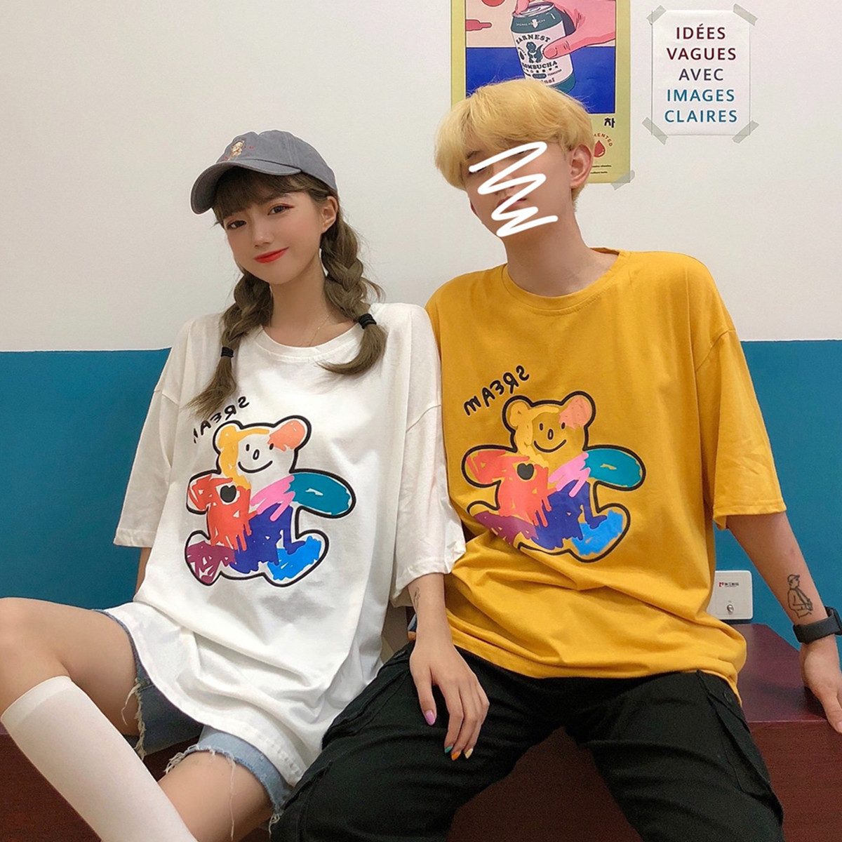 實拍 港風夏季情侶裝短袖t恤彩虹小熊學生半袖上衣