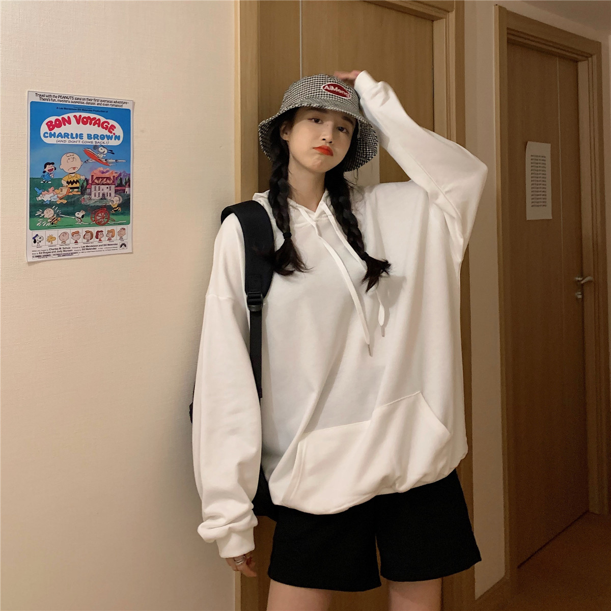 Real shot thin solid color hooded student loose long sleeve top