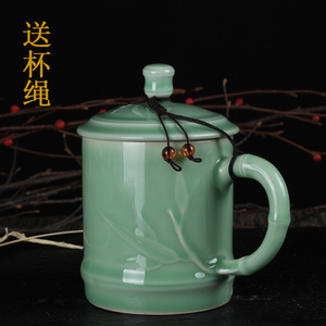 青瓷茶杯竹叶水杯会议个人泡茶杯陶瓷带盖情侣家用主人喝茶杯定制
