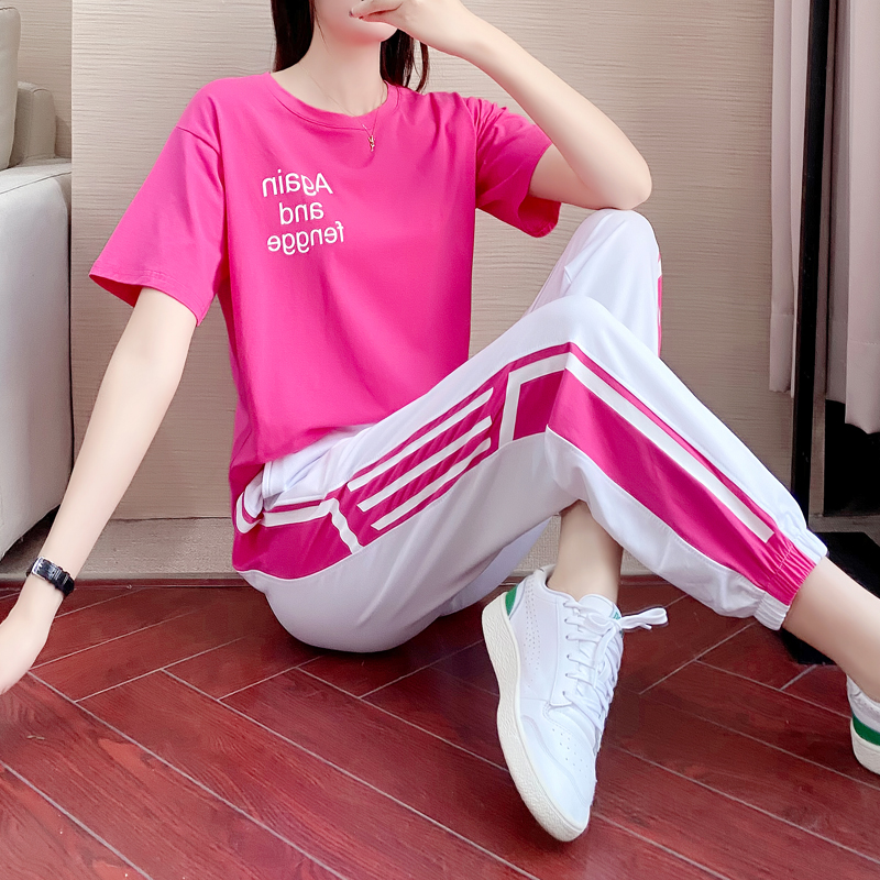 2023新款夏季休闲运动套装女时尚宽松显瘦曳步舞粉红色短袖两件套