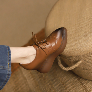 12cm真皮春秋内增高女鞋复古棕色高跟系带单鞋女英伦风厚底松糕鞋