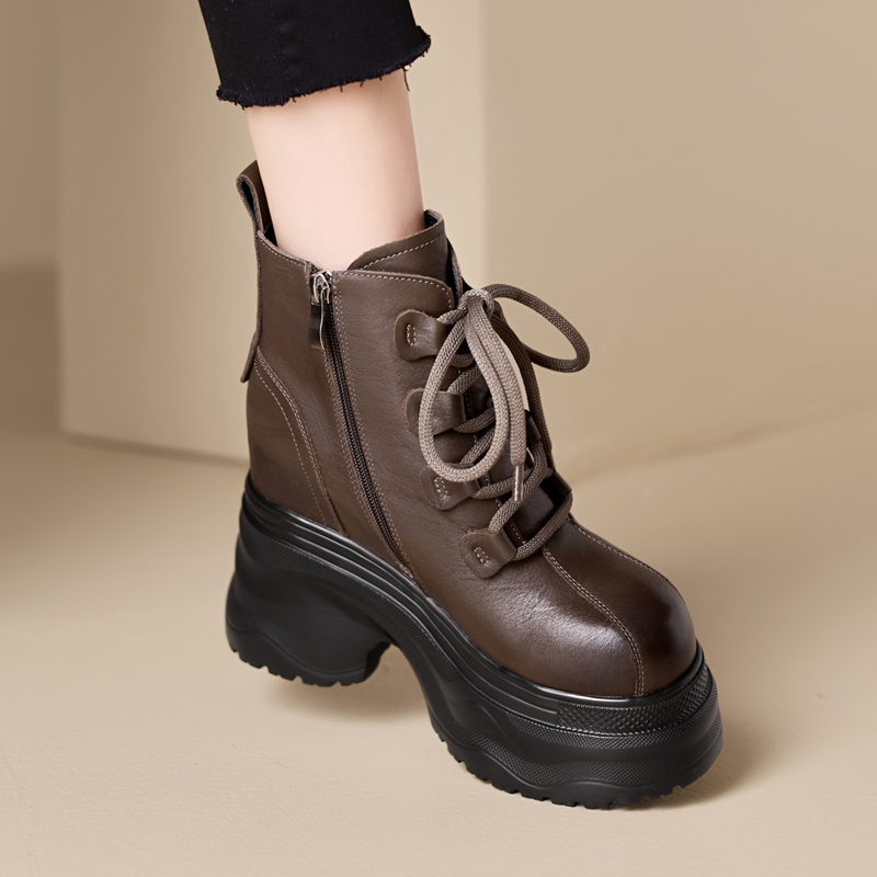 12cm真皮厚底系带加绒马丁靴女