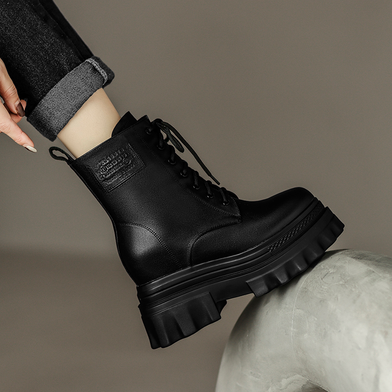 10cm真皮松糕百搭内增高短靴厚底英伦风秋冬季新款小个子马丁靴女