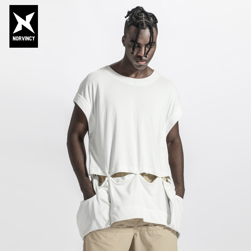 诺凡希夏季宽肩圆领背心男纯色个性拼接下摆宽松潮宽肩无袖t恤男