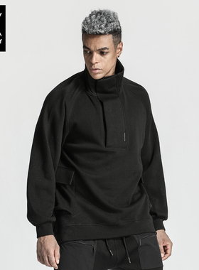 诺凡希\春秋休闲套头立领卫衣男黑色磁吸扣半开襟无帽大翻领外套