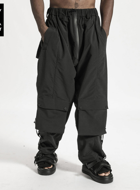 诺凡希休闲裤高街男腰部松紧拉链装饰多口袋设计黑色男女薄款长裤