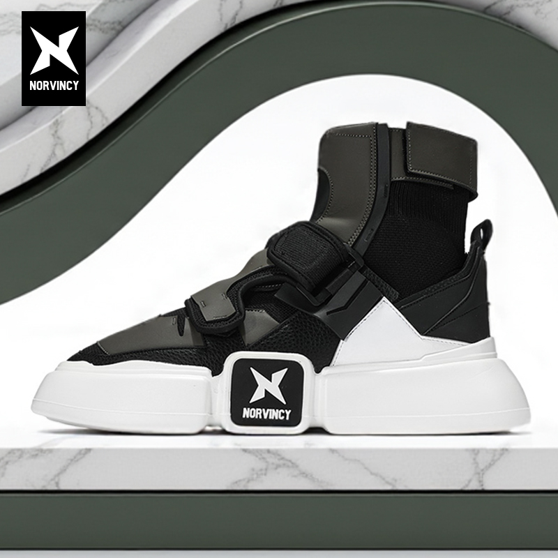 诺凡希春秋高帮休闲板鞋男女皮革拼接魔术贴机能风厚底增高机甲鞋
