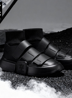 诺凡希春秋魔术贴皮革小白鞋潮鞋子厚底增高一脚蹬男女黑武士板鞋