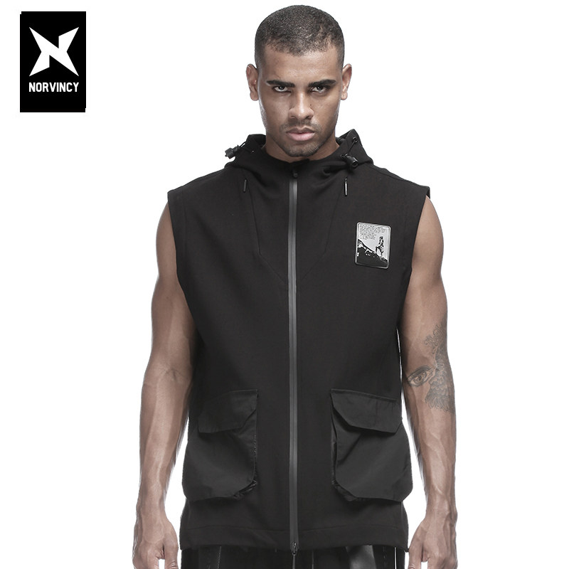 诺凡希春秋立体多口袋休闲印花连帽运动背心骑行无袖拉链外套潮男
