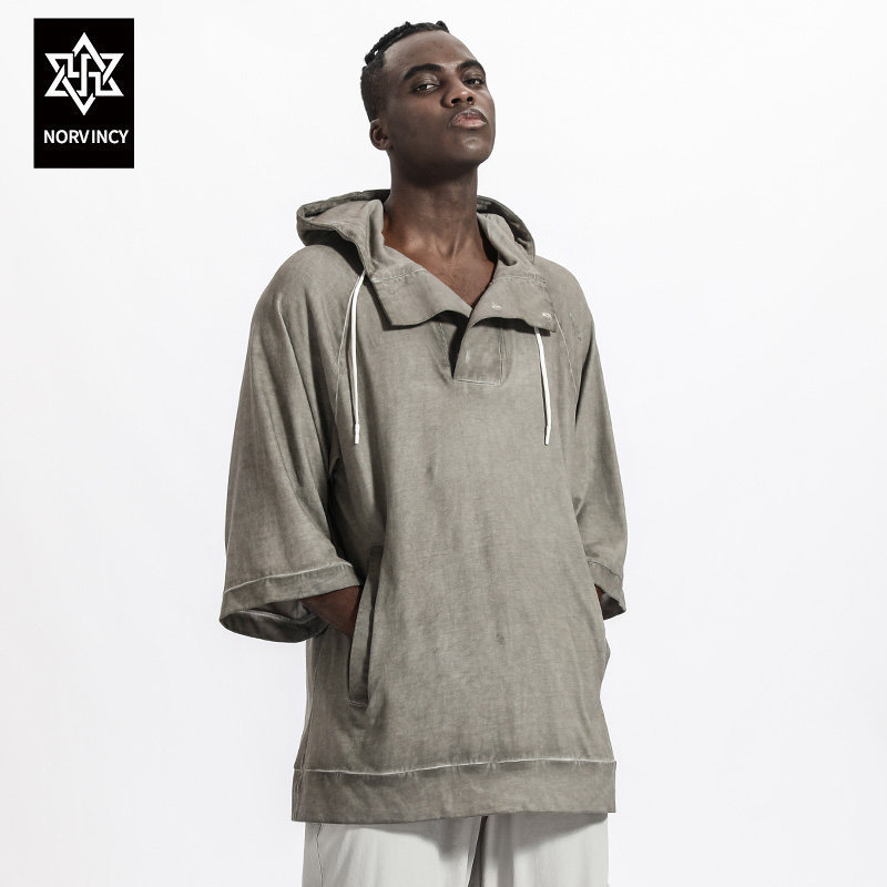 诺凡希纯色半袖卫衣双插口袋男秋季新款宽松休闲潮流百搭连帽上衣